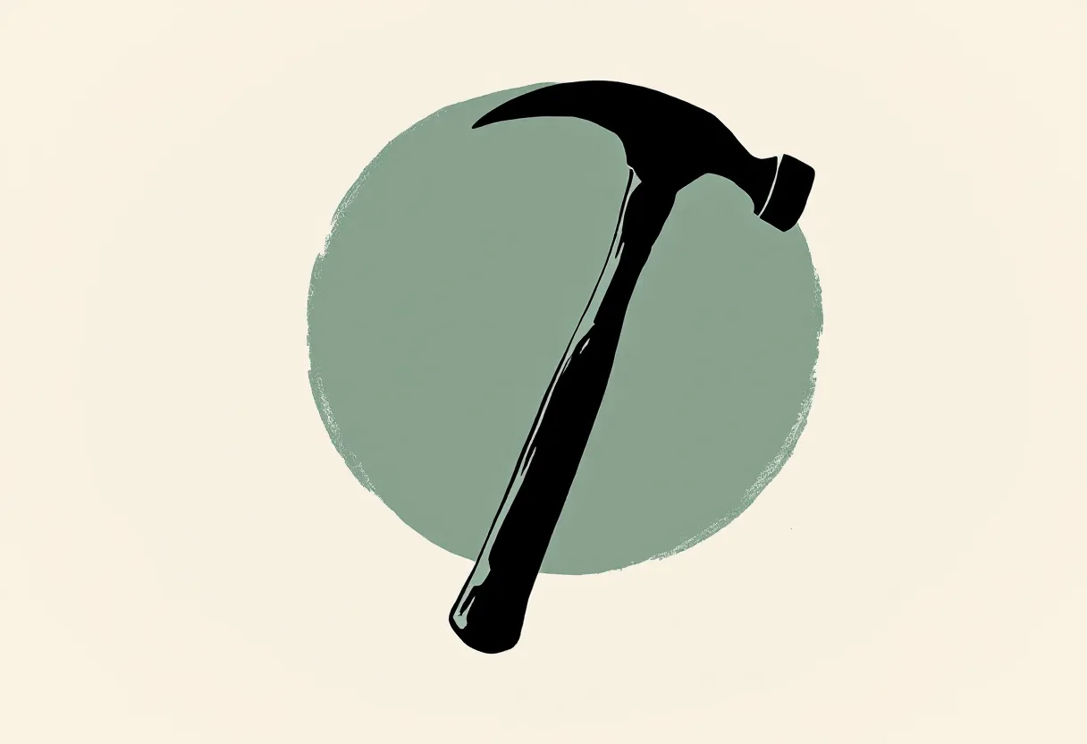 A claw hammer in front of a muted green circle