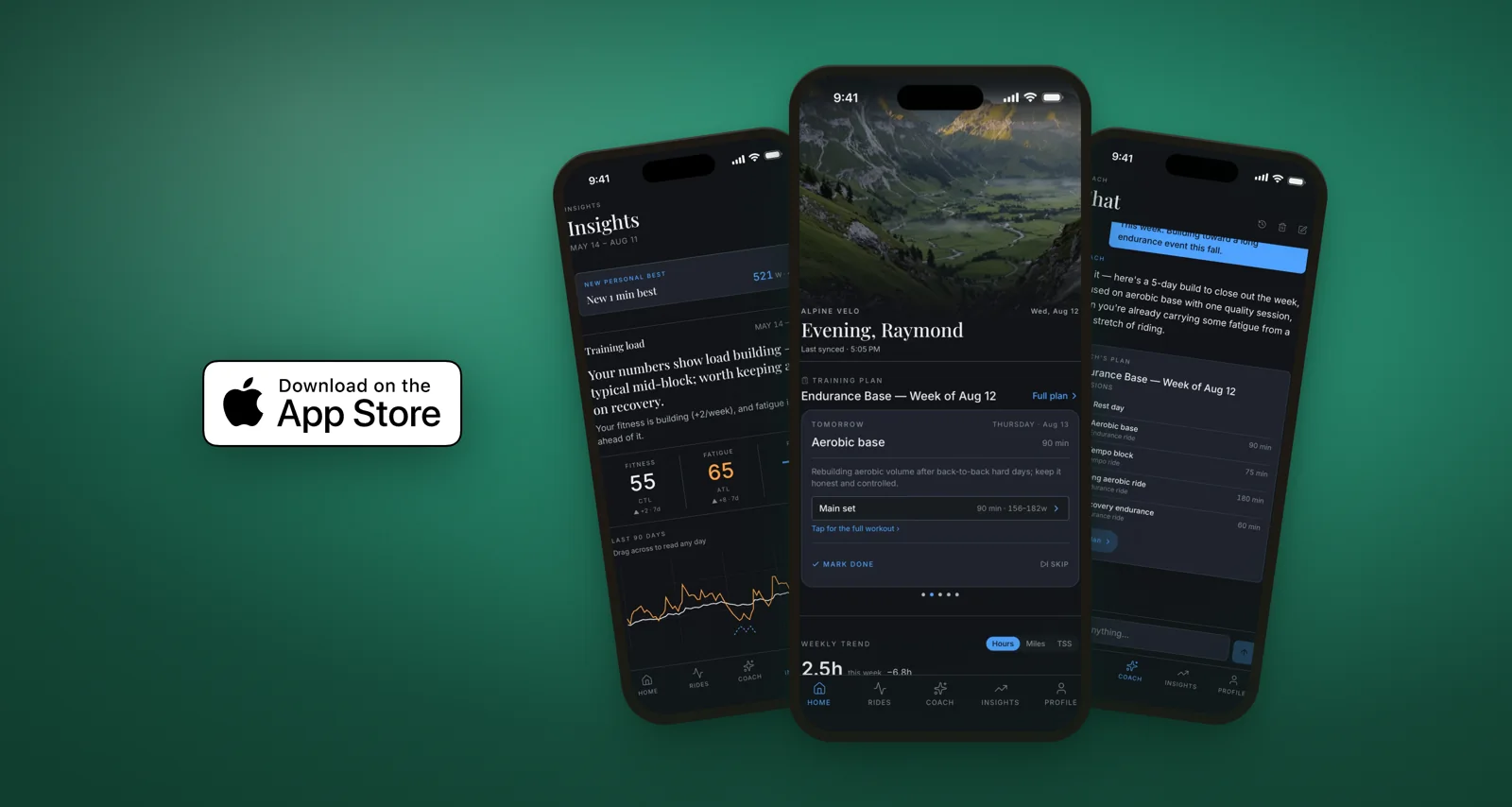 Three iPhones running Alpine Velo, showing insights, the day's training plan, and coach chat, beside a Download on the App Store badge.