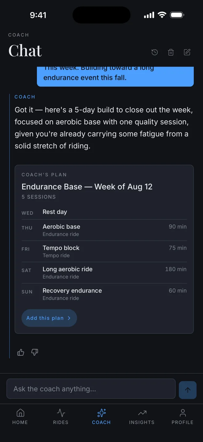 Chat screen where the AI coach answers a training question using the rider's own ride history.