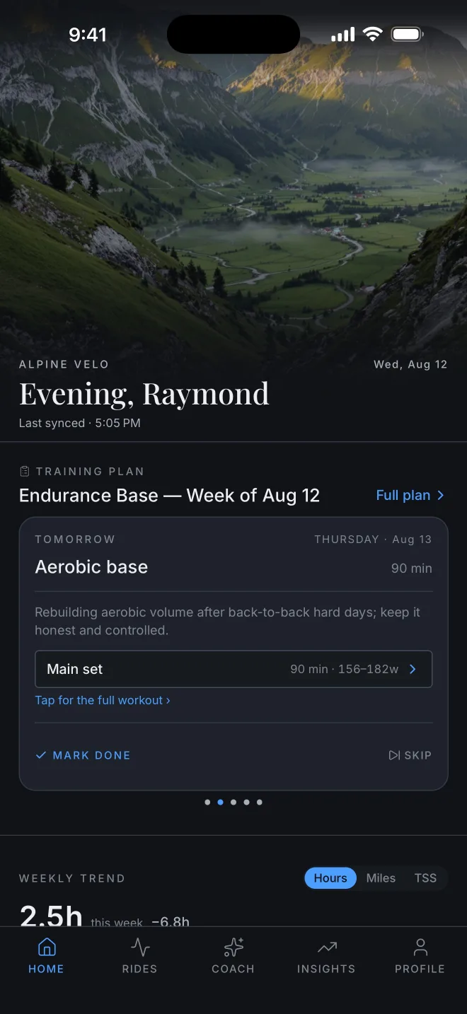 Alpine Velo home screen showing a coach-written daily briefing and the next planned ride.