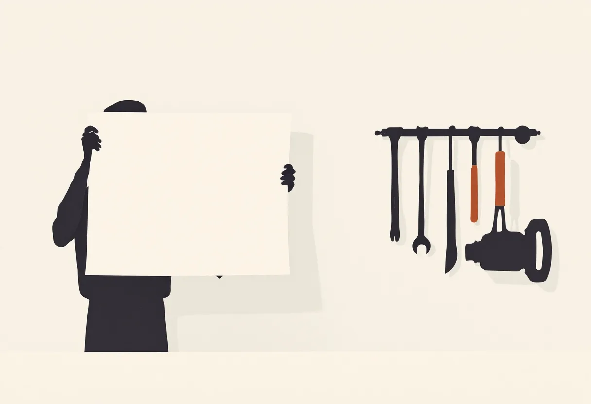A figure holding up a blank plan sheet beside a wall rack of tools