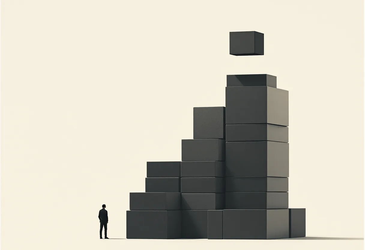 A small figure standing beside a tall stack of identical dark blocks, with one block lifted clear of the stack
