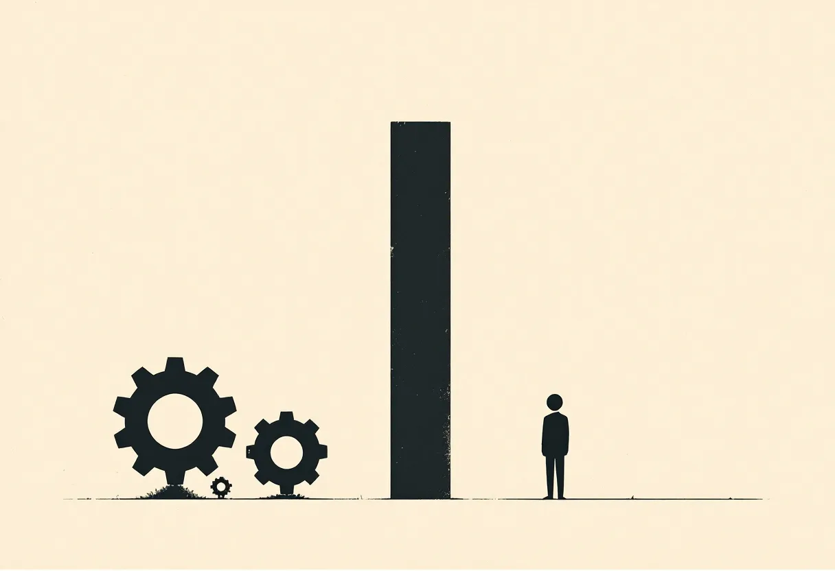 A solid dividing line splitting the frame, mechanical gears on one side and a small human figure on the other