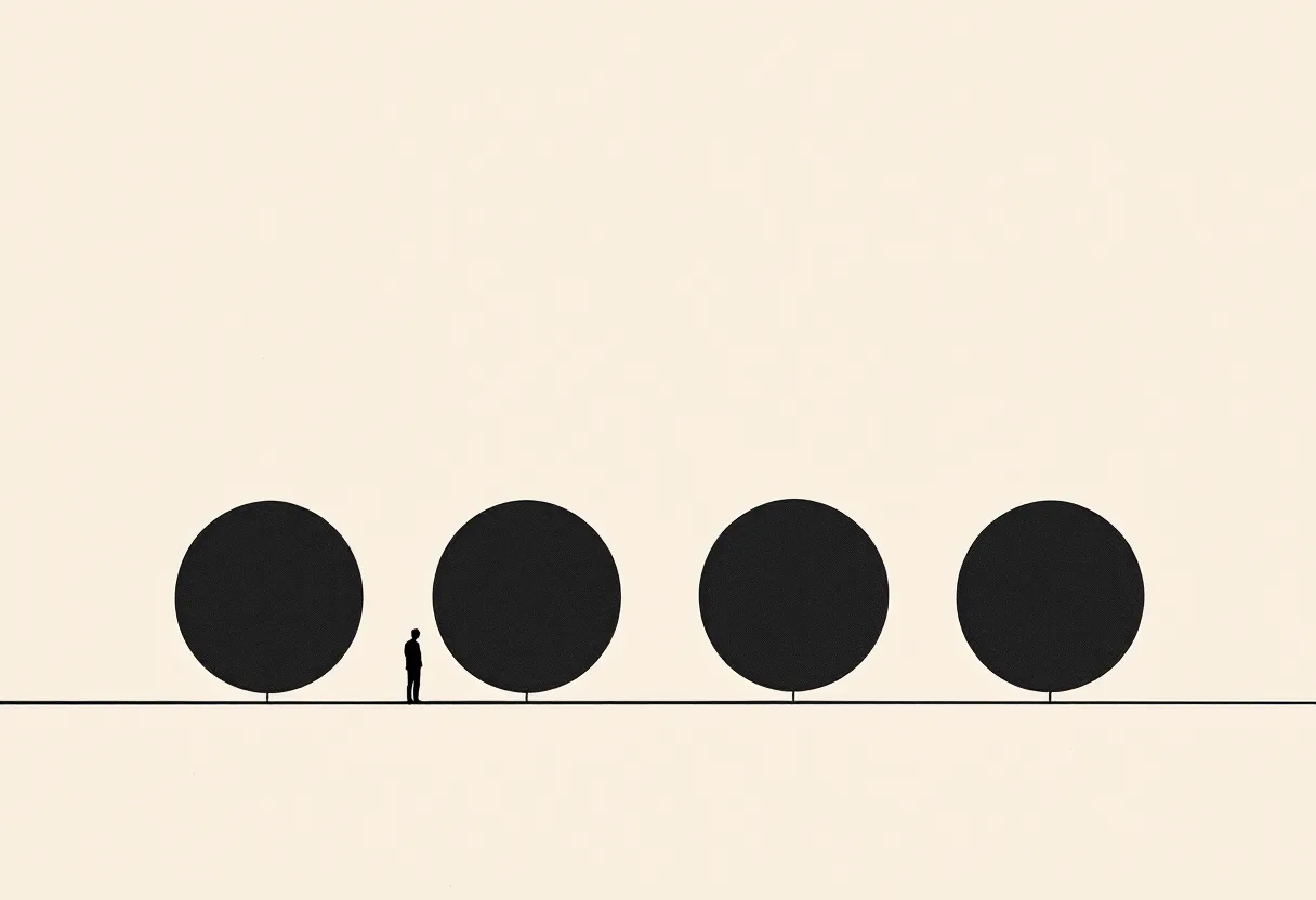 Four identical dark circles in a row joined by a line, with a small figure standing beside the first