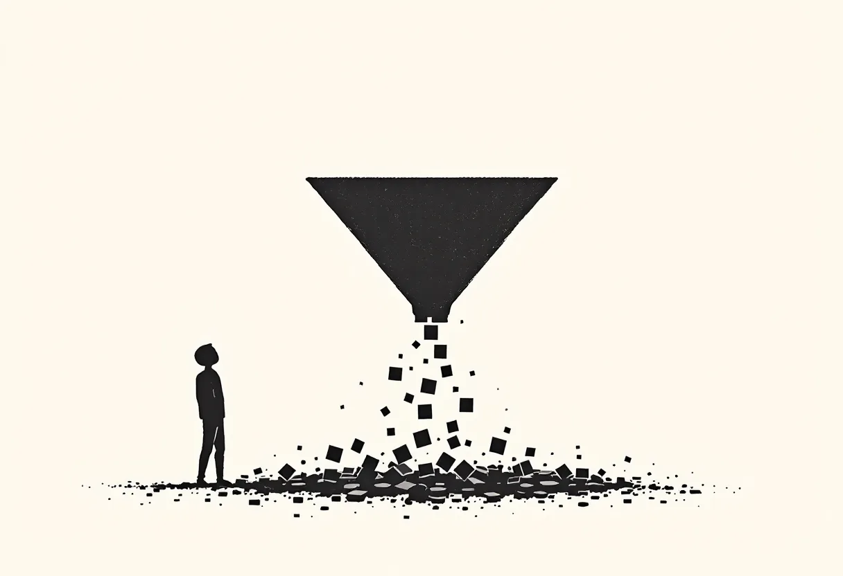 A person standing beside a funnel, watching items pour out of it into a scattered pile