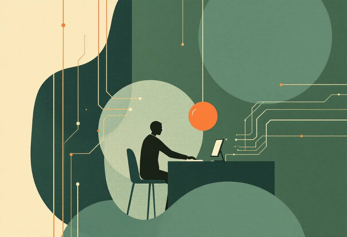 A person at a desk making a decision while faint automated signals flow in around them.