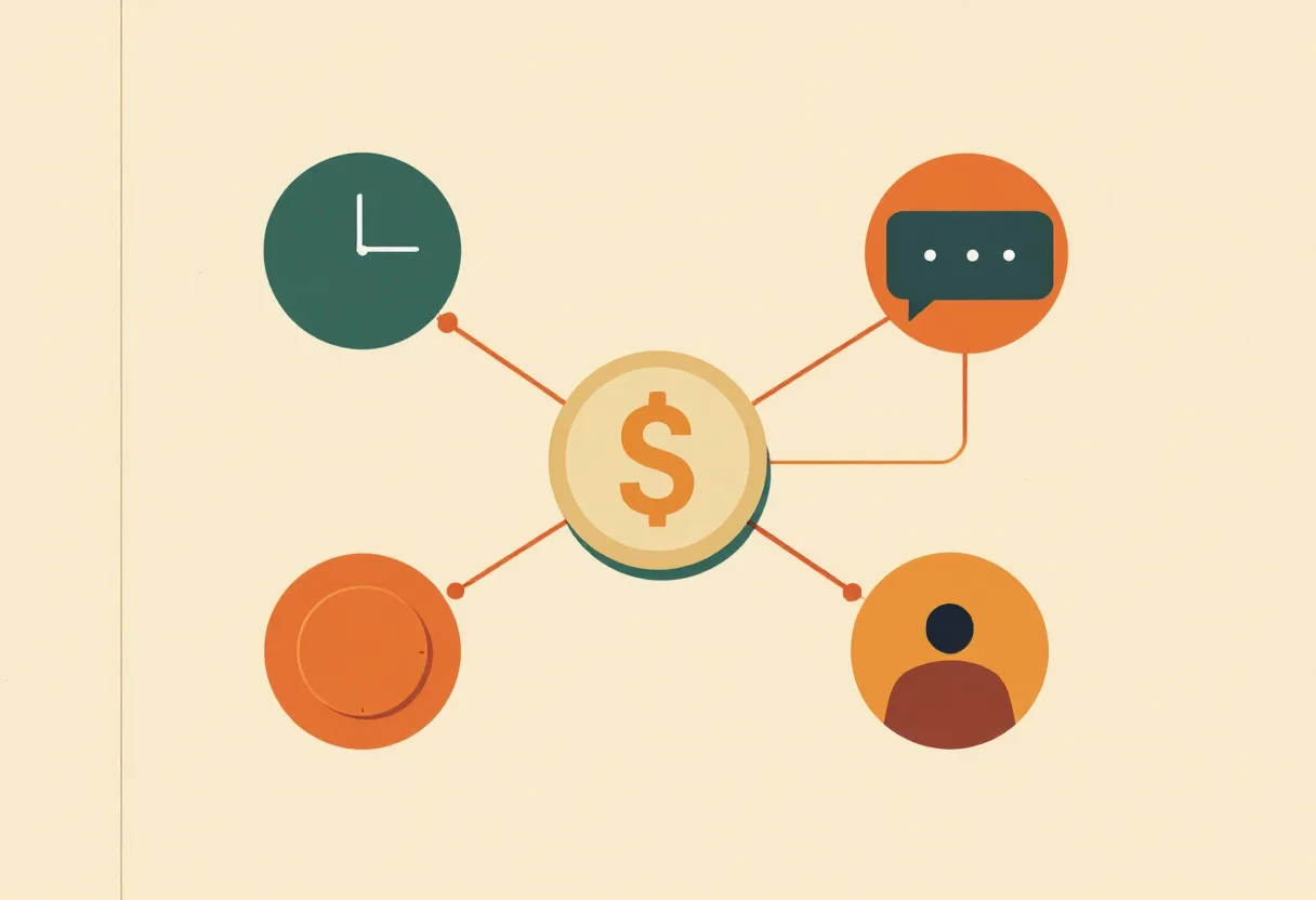 Separate business tools (a clock, a chat bubble, a payment, and a customer) connected together into one hub.