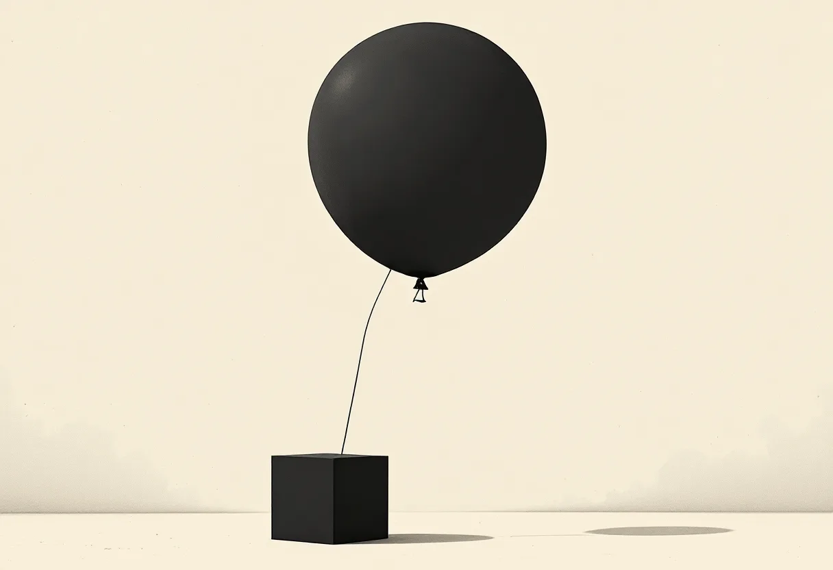 A large hollow balloon shape tethered by a thin line to a small solid dark cube resting on the ground