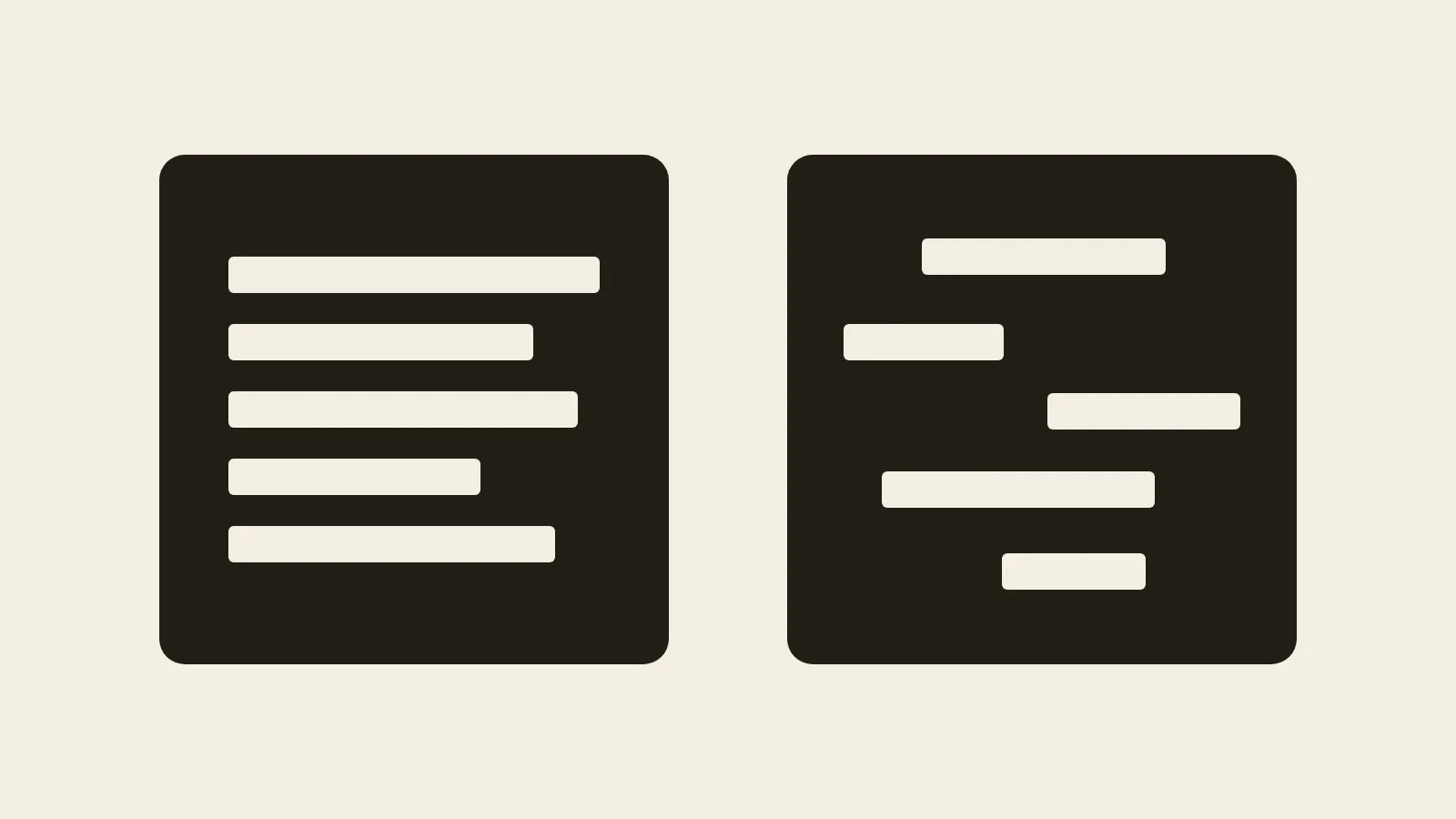 Two identical dark squares side by side on a cream field. The left square holds five pale horizontal bars stacked in order along a shared left edge. The right square holds the same five bars scattered with no alignment.