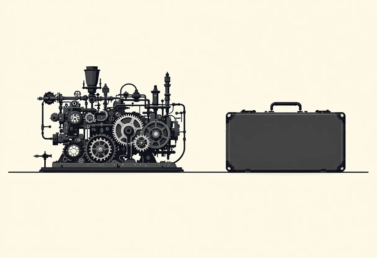 Two dark objects side by side on a cream field. On the left an intricate machine of gears, pipes and levers. On the right a plain closed case with a carry handle.