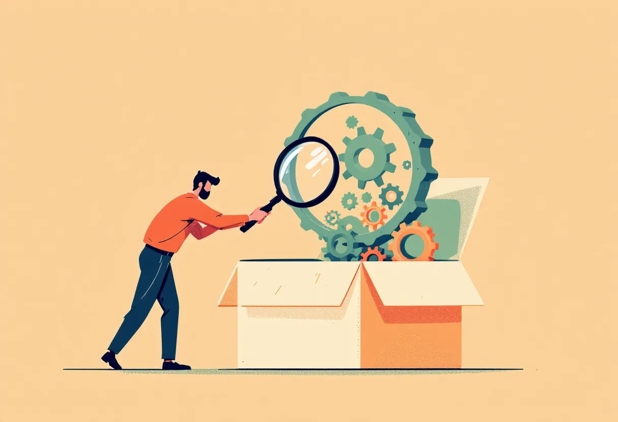 A person holding a magnifying glass, looking inside an opened box to see the working gears within.