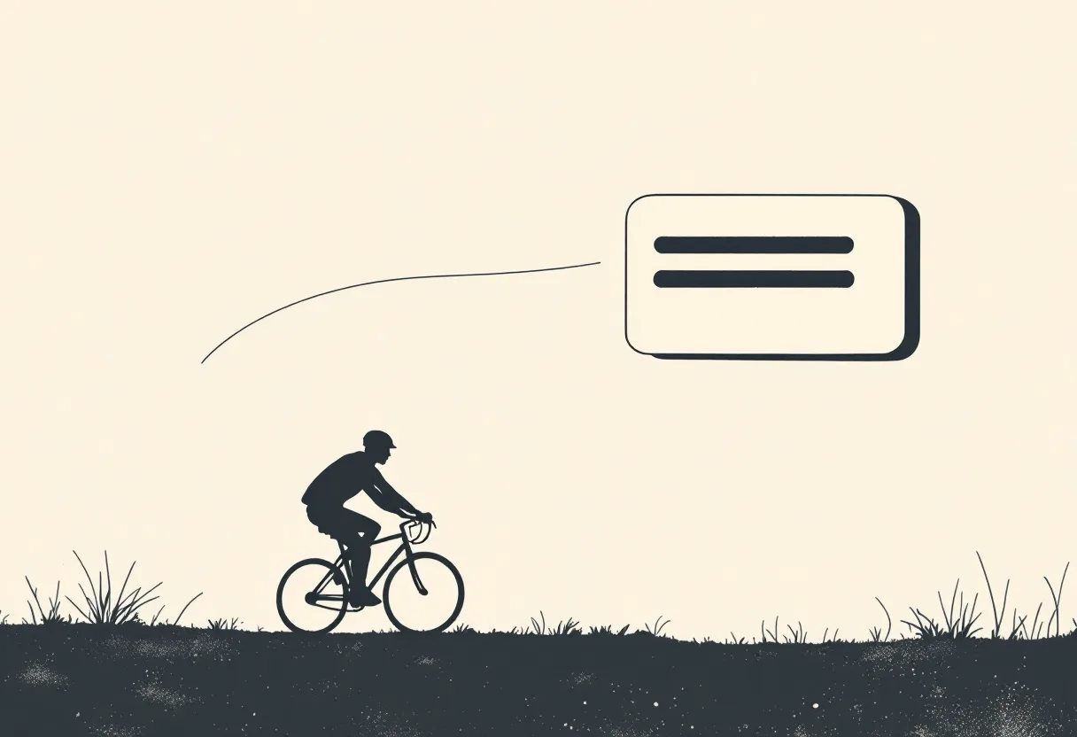 A cyclist riding at dusk while a line traces upward from the ride into a small briefing card