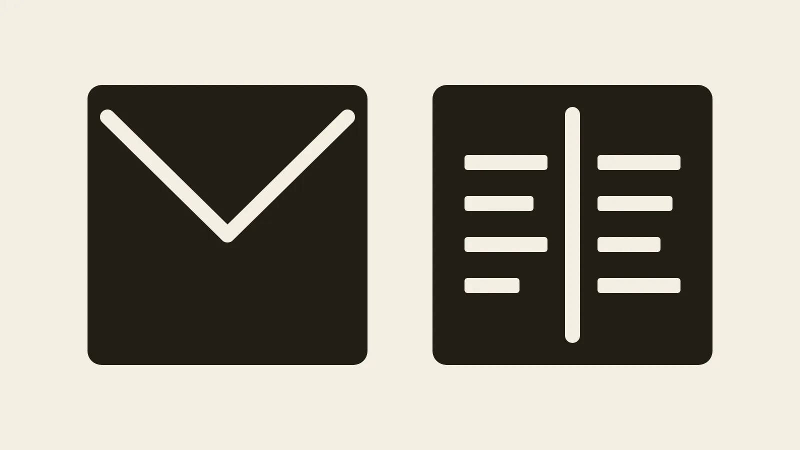 Two identical dark squares side by side on a cream field. The left square has a single pale V line across its top, like the flap of a sealed envelope. The right square has a pale vertical line down its middle with short pale bars on either side, like the ruled pages of an open book.