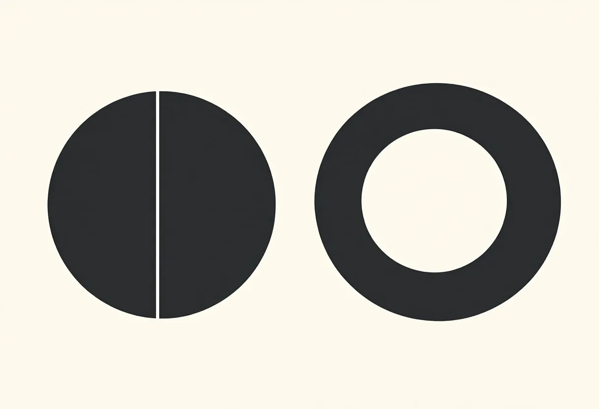 Two dark circles side by side on a cream field. The left circle is solid with a single cream line running from its centre to its top edge. The right circle has a large cream hole through its middle.