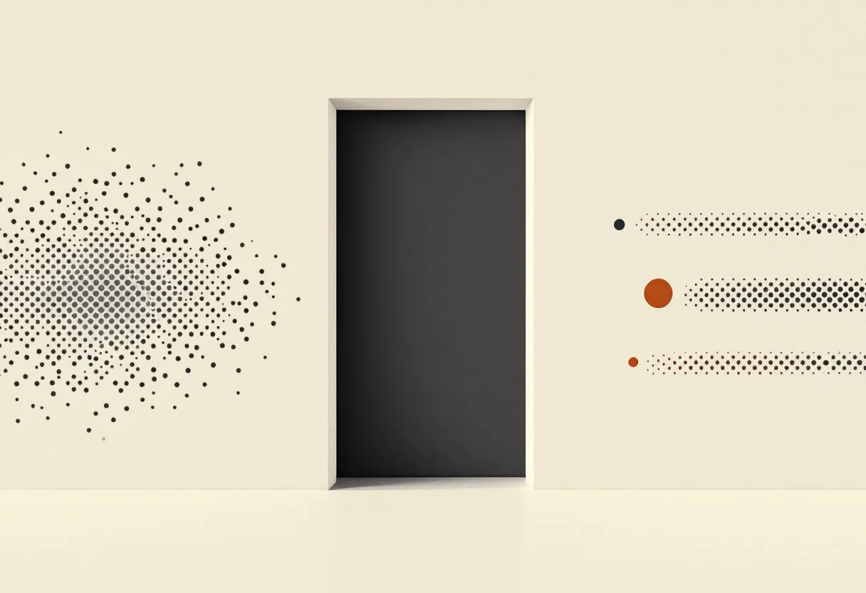 A scattered cloud of dots passes through a single doorway and comes out the other side in three neat rows.