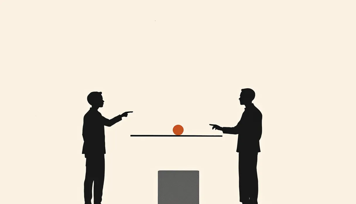 Two people on either side of a scale with a single terracotta marker, deciding together where it sits.