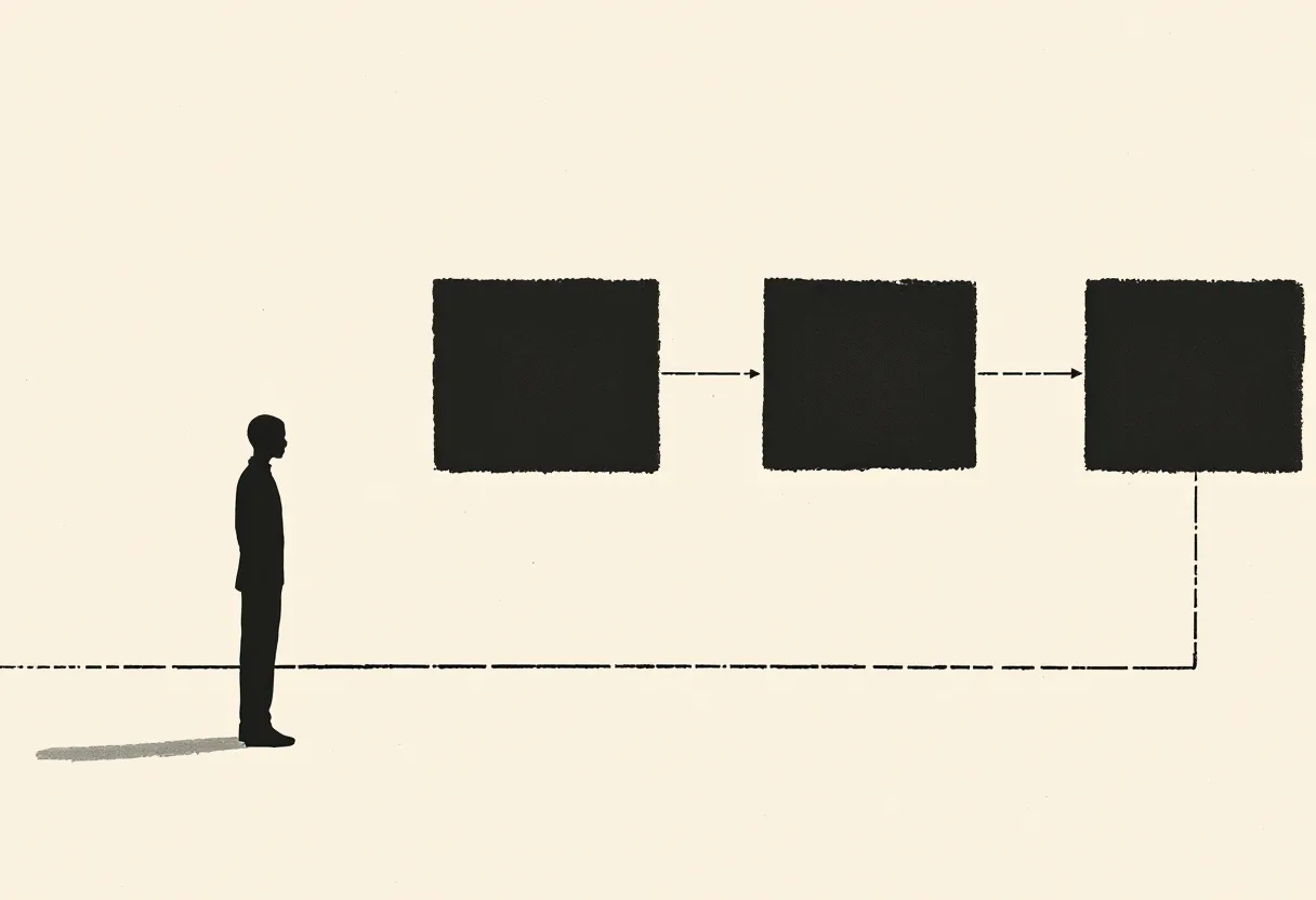 A small figure standing apart from three identical dark boxes connected in a row by a dashed line