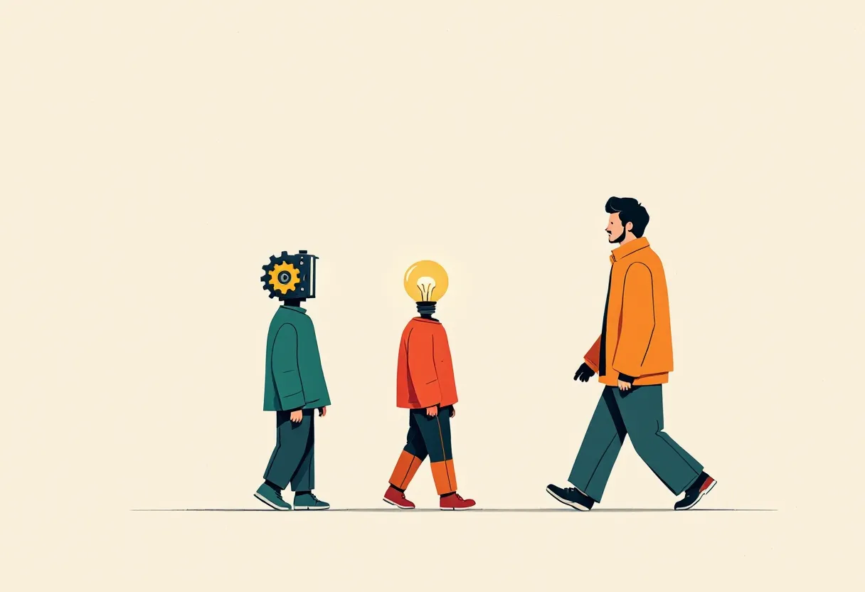 Three figures in a row: one with a gear for a head, one with a lightbulb, and an ordinary person walking forward.