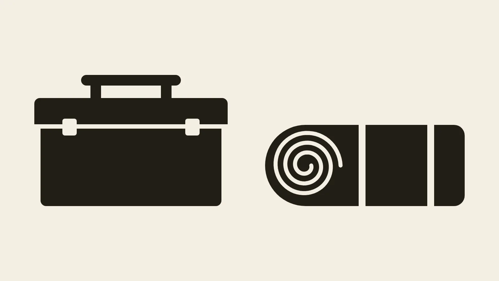 Two dark shapes side by side on a cream field. On the left, a closed toolbox with a bar handle and two pale latches on its lid. On the right, a rolled-up sheet lying on its side, its end showing a pale spiral, with two pale bands around it.