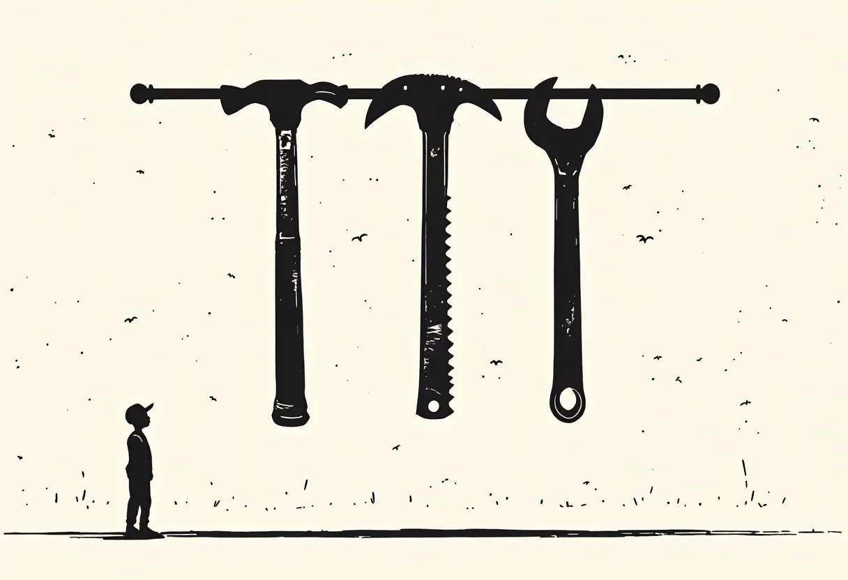 A hammer, handsaw and wrench hanging from a rail, with a small figure looking up at them
