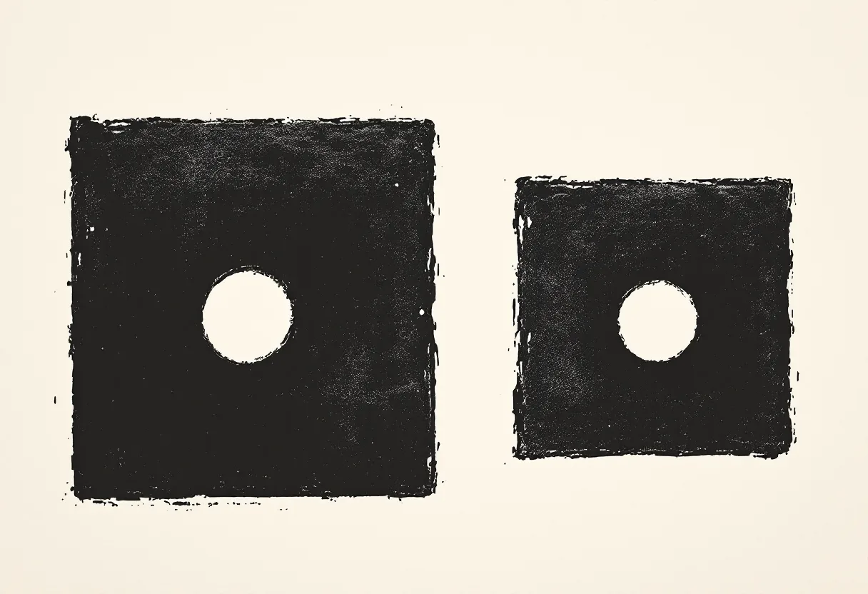 Two solid black printed squares on a cream field, one much larger than the other. Each has an identical small round hole punched through its centre.