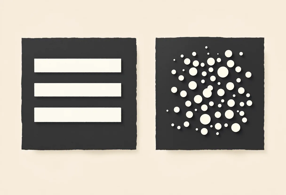 Two identical dark squares side by side on a cream field. Three evenly spaced cream bars are cut into the left square. A random scatter of cream dots of different sizes is cut into the right square.