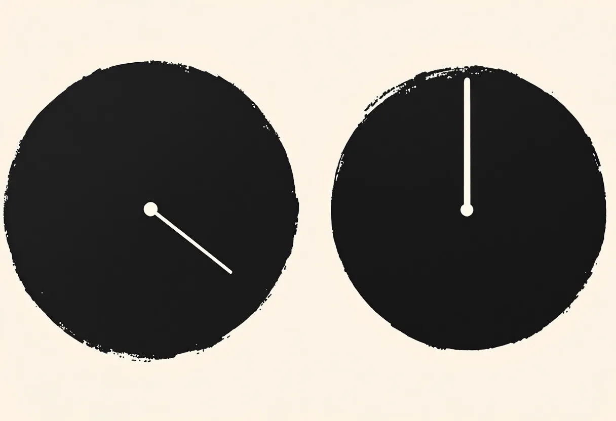 Two identical dark circular dials side by side on a cream field. The left dial's hand points down and to the right. The right dial's hand points straight up.