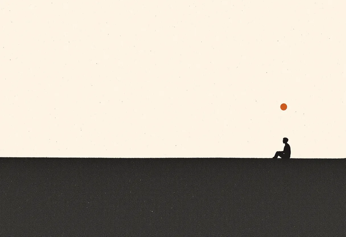 Many dots below a threshold line, one terracotta dot above it, and a seated person looking at that one.